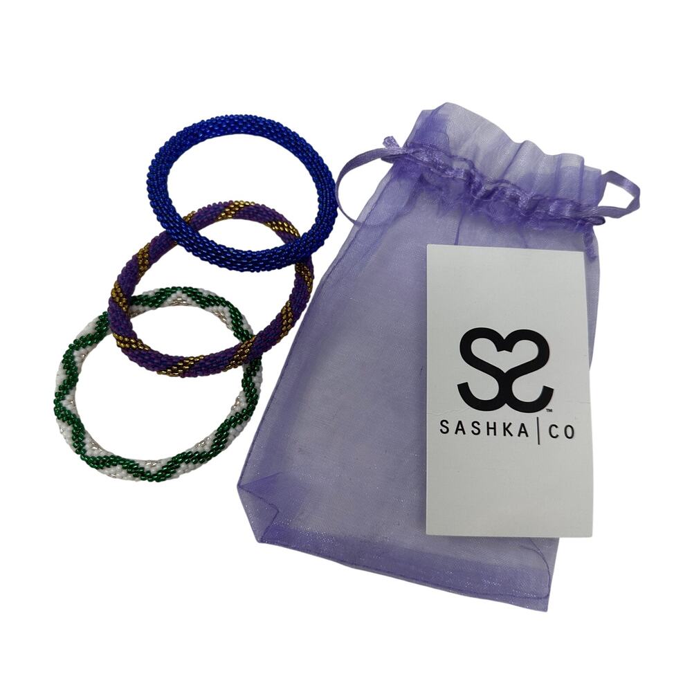 Sashka Co Glass Bead Bracelets Set of 3 Purple Blue Green Fair Trade